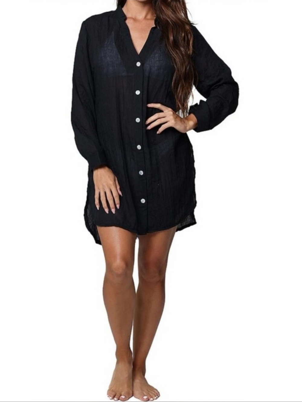 J. VALDI Black Split V-Neck Long Sleeve Button Front Tunic Top Swim Cover-Up